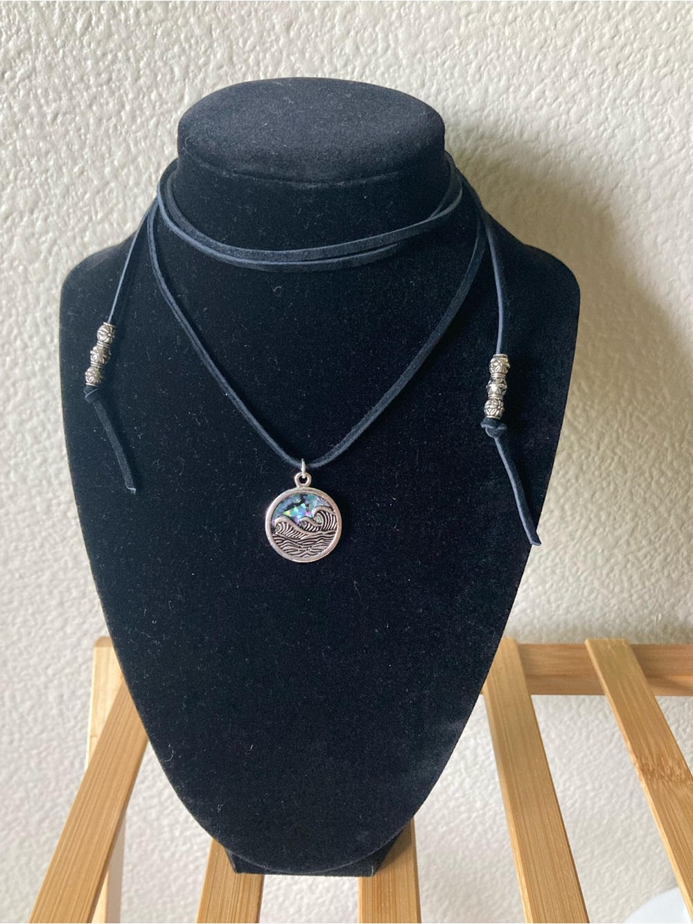Black Suede Choker Necklace with Iridescent Abalone Wave Pendant
